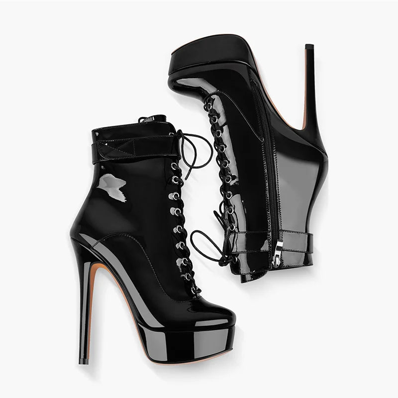 Onlymaker Women Platform Ankle Booties Patent Leather Thin High Heels Lace Up  Size Zip Winter Warm Zipper Boots Shoes