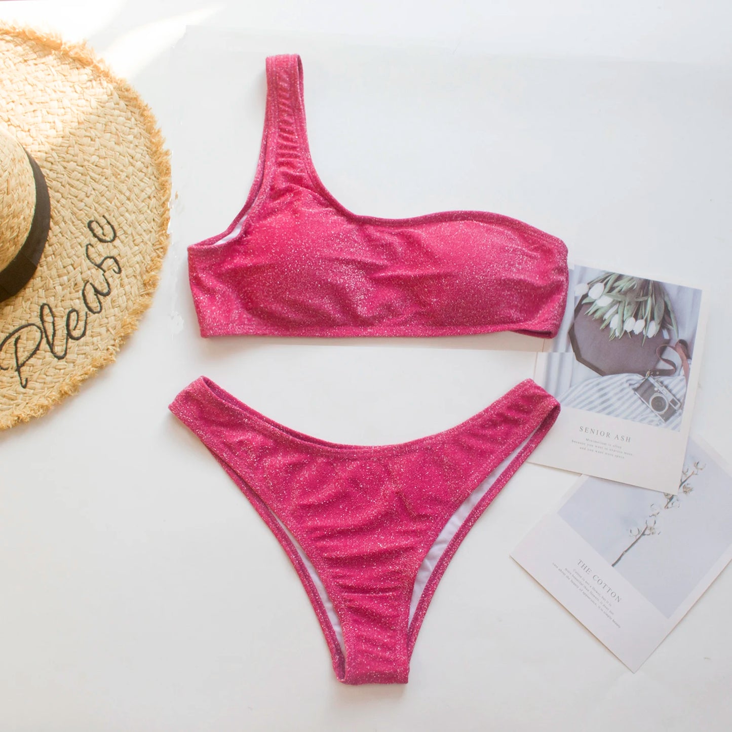 Women Sexy Bikini Set Biquini Ladies One Shoulder Blingbling Swimsuit  Female Two Piece Glitter Solid Color SwimwearW2023