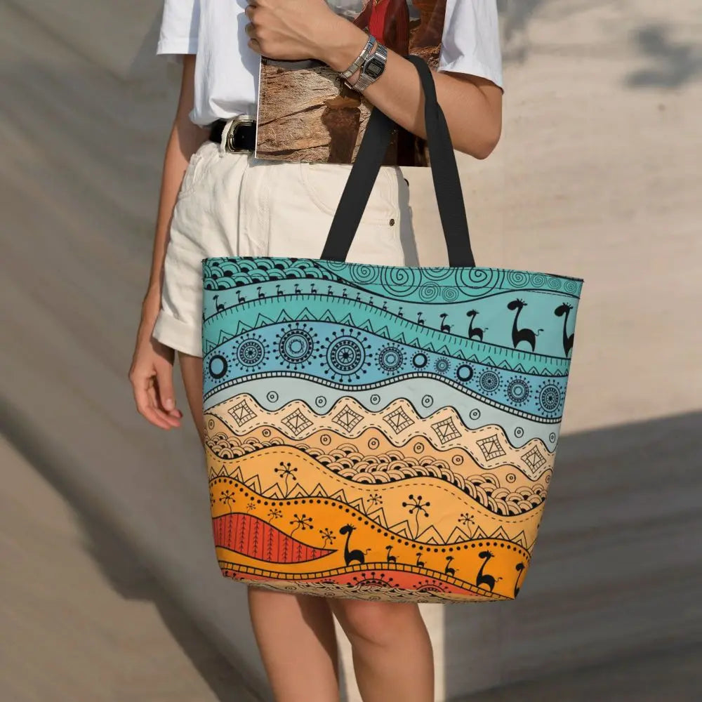 African Ankara Prints Grocery Shopping Tote Bags Women Geometric Ethnic Art Canvas Shoulder Shopper Bags Big Capacity Handbag