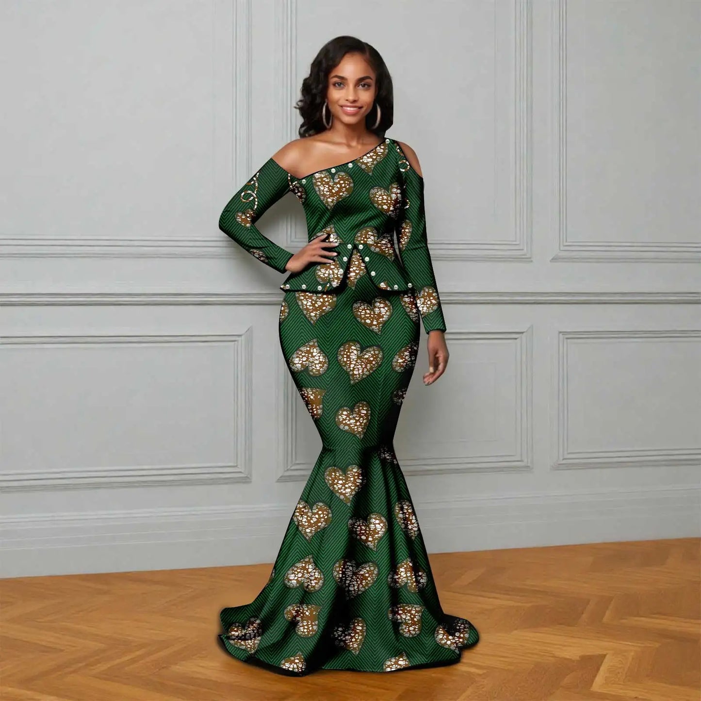 African Ankara Printed Fabric Women's Dress Skew Collar Long Sleeve Floor-Length Dress Elegant fashion 2625007