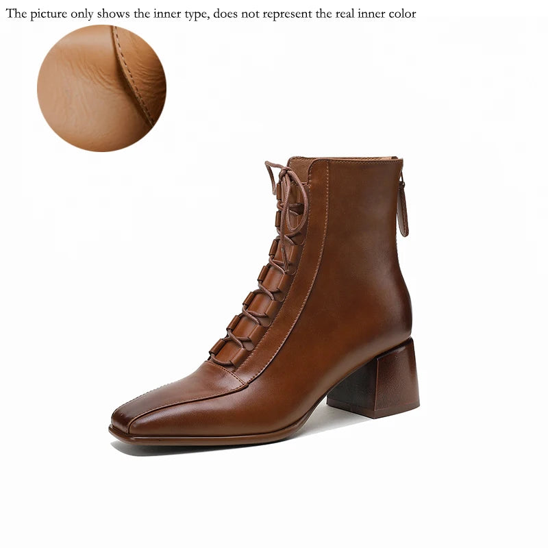 2026 Fashion Women Shoes Split Leather Short Boots Square Toe Chunky Boots Winter Shoes Women Solid High Heel Boots for Women