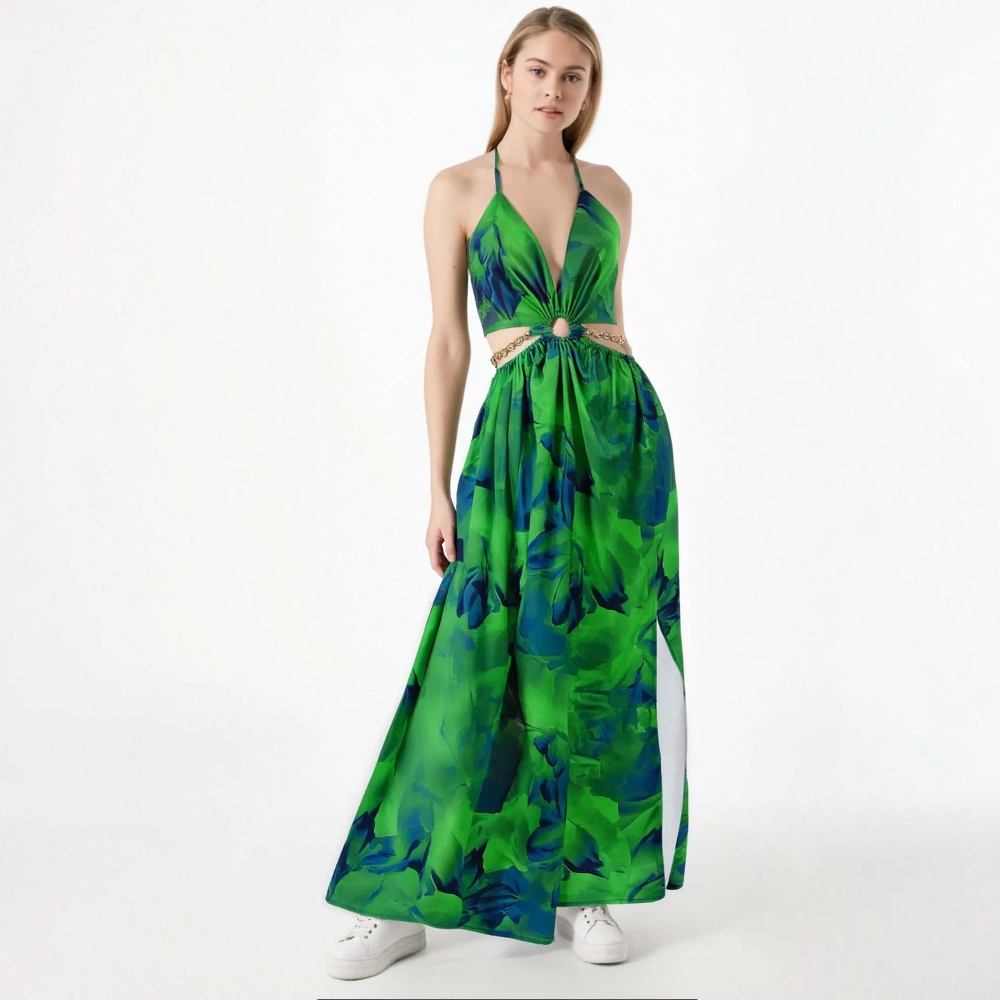 CM.YAYA Elegant Women Floral Halter V-neck Backless Cut Out Waist Chain Sleeveless High Side Split Fit Flare Maxi Long Dresses
