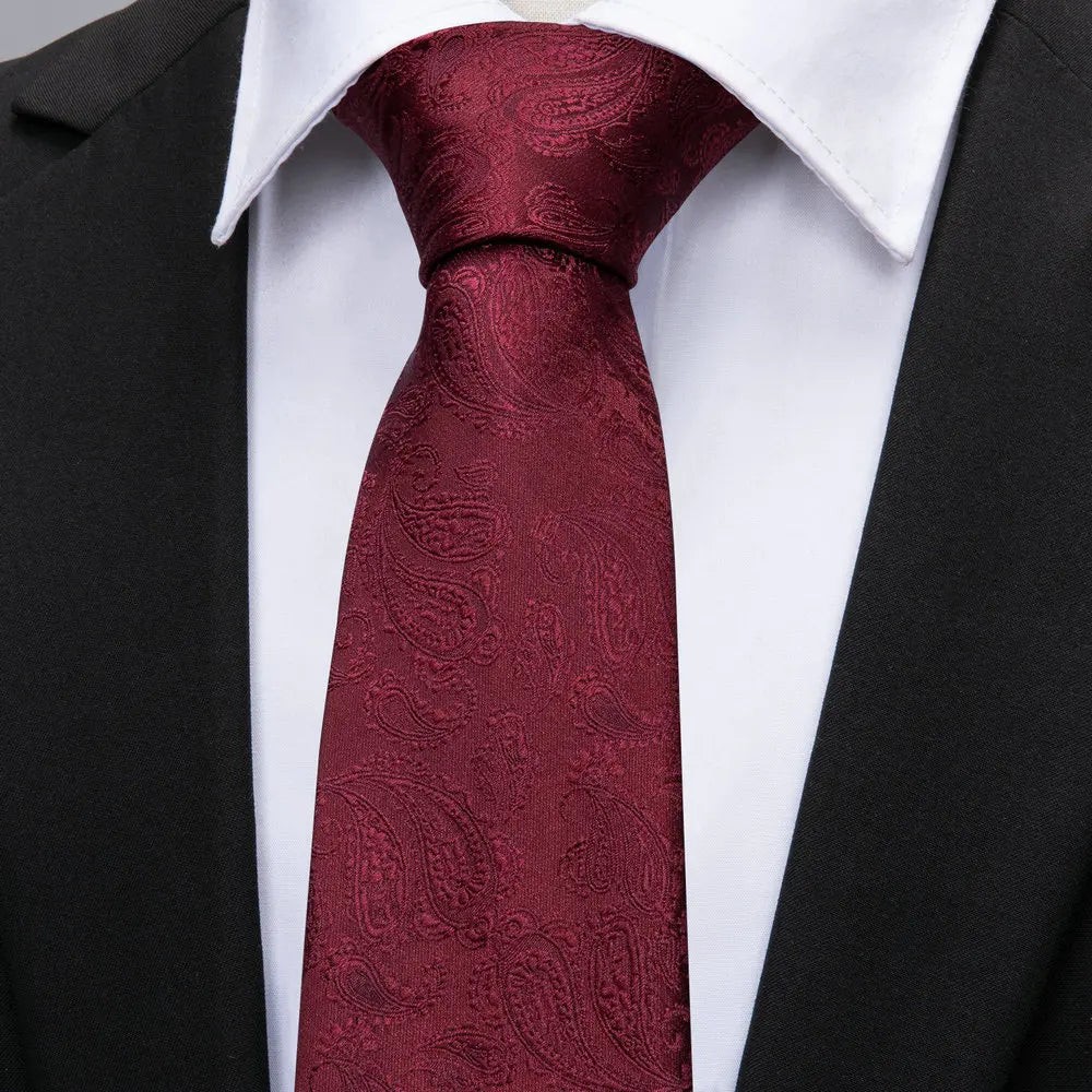 Exquisite Rust Red Silk Ties For Men Designer Pasiley High Quality Handkerchief Cufflinks Set Wedding Party Business Barry.Wang BAZAARHUBO