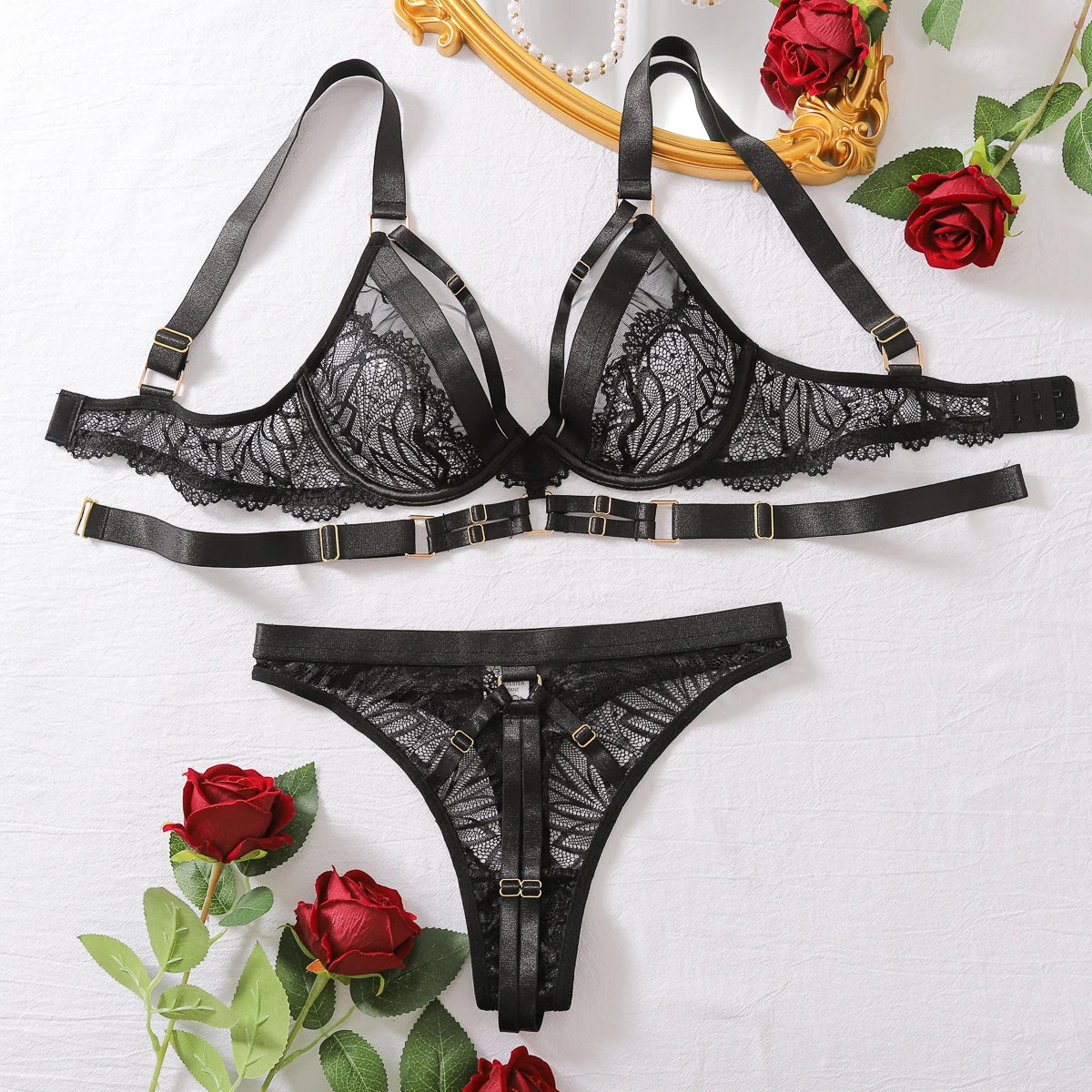 Sexy Lace Women's Three-point Set Elegant Lace Solid Color Ultra-thin Sexy Lingerie Bunny Girl Erotic Set 2-piece Set