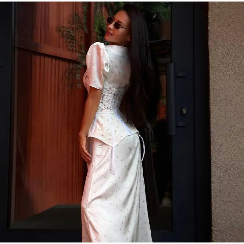 Lace Trim Satin Peplum Midi Dress Deep V-Neck Puff Sleeve A-Line 2026 Spring Summer Chic Elegant Romantic Women Cocktail Dress