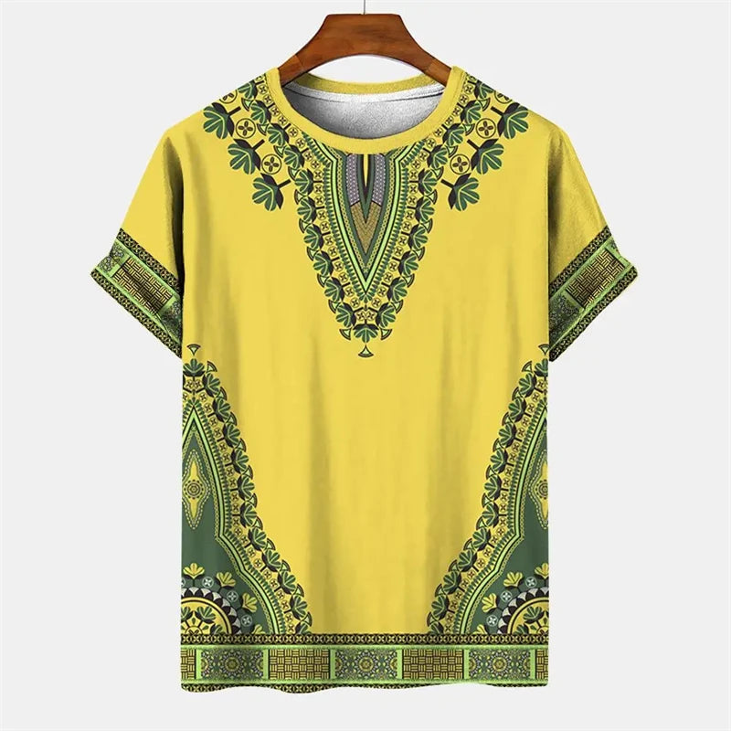 Summer Men's Vintage T-shirt African Tradition Stripe Printed T Shirts Casual O-Neck Short Sleeve Tees Street Fashion Loose Tops