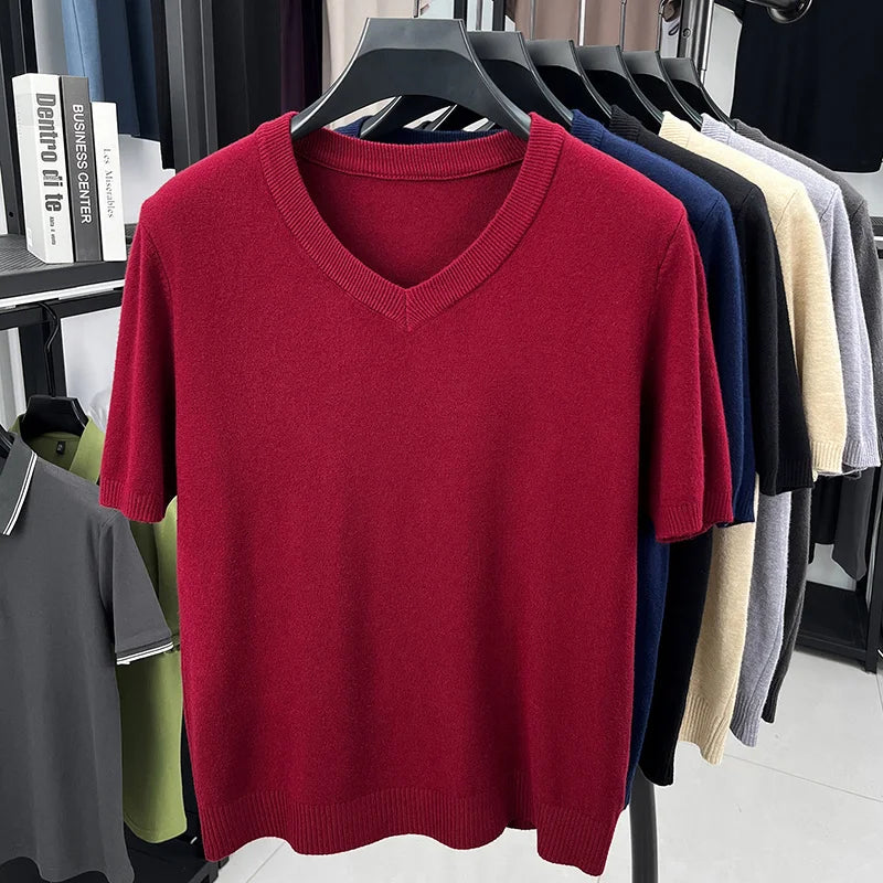 Mens V Neck Short Sleeve Wool Knit Pullover Soft Thin Knitwear For Business Office Daily Casual Spring Summer Basic Tops