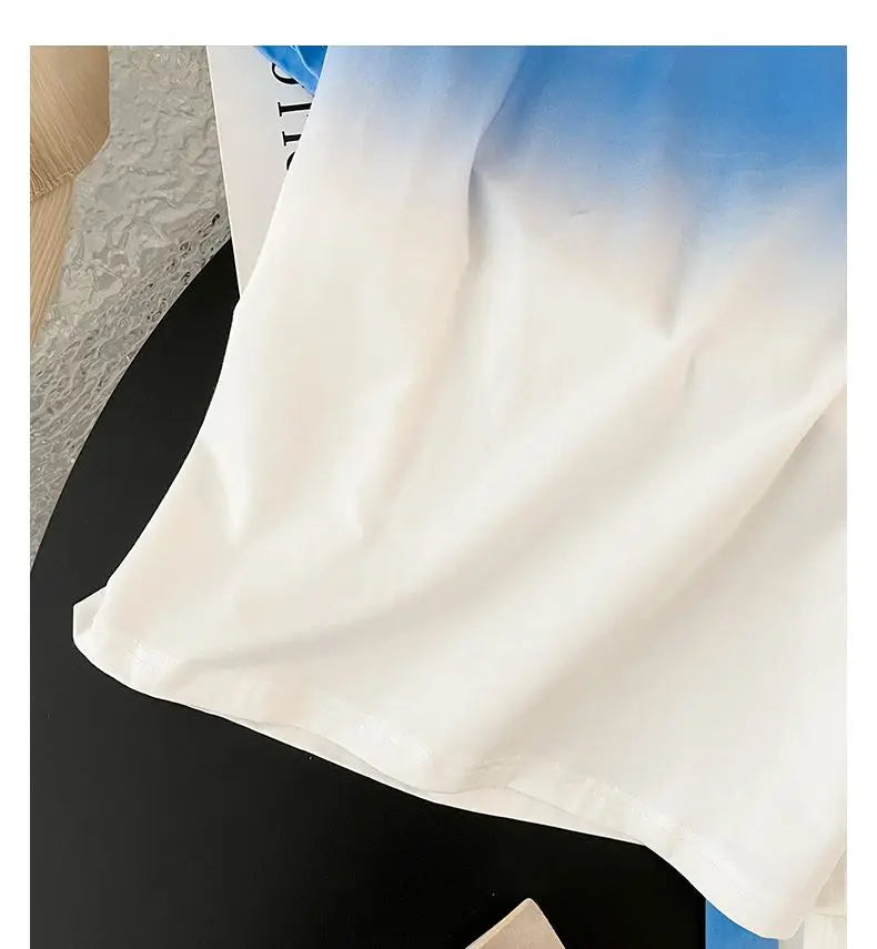 2024 Spring/Summer New Fashionable Gradient Short Sleeve+High Waist Wide Leg Pants Casual Two Piece Set