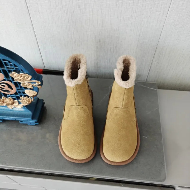 Careaymade-Genuine cow leather Snow cotton round head flats woolen short boots plush warm snow boots Oversized shoes size 35-43