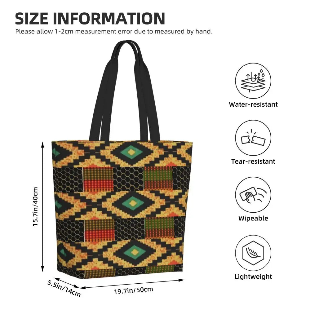 African Ankara Prints Grocery Shopping Tote Bags Women Geometric Ethnic Art Canvas Shoulder Shopper Bags Big Capacity Handbag