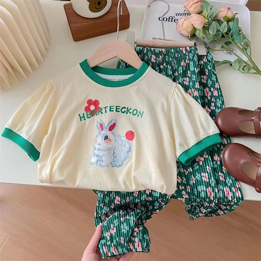 Baby Sets Girls Cute Suit Summer New Outfit Kids Short Sleeve   Cartoon T-Shirt Floral Pants 2-Piece Children Casual Clothing