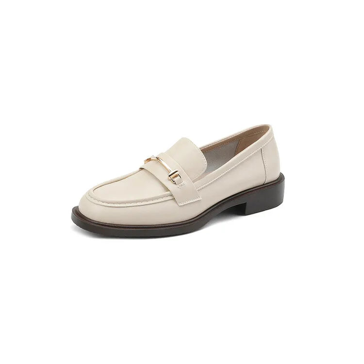 Ochanmeb Natural Leather Loafers Flat Shoes Women Brand Metal Chain Round Toe Slip-ons Flats Ladies Casual Creepers Moccasins 40
