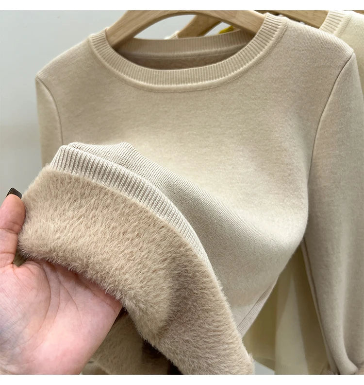 Women's O-neck Velvet Thicken Sweaters Winter Slim Warm Long Sleeve Knitted Tops Casual Plush Fleece Lined Soft Pullovers Ladies