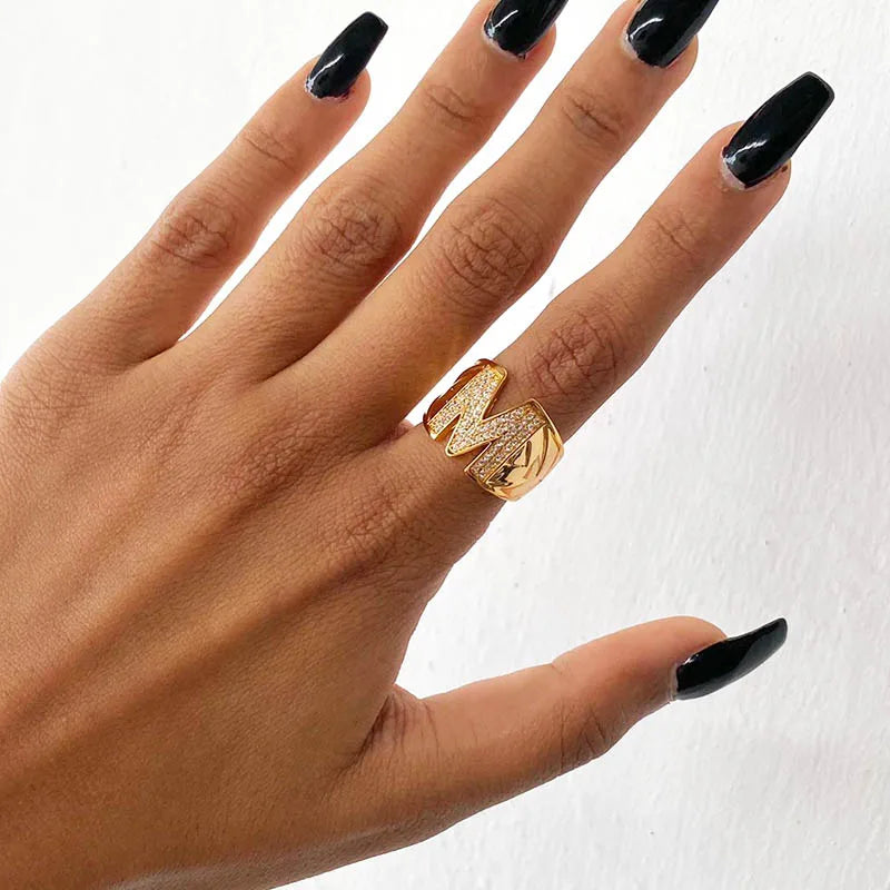 Chunky Zircon Initial Letter Rings For Women Stainless Steel Hip Hop Jewelry