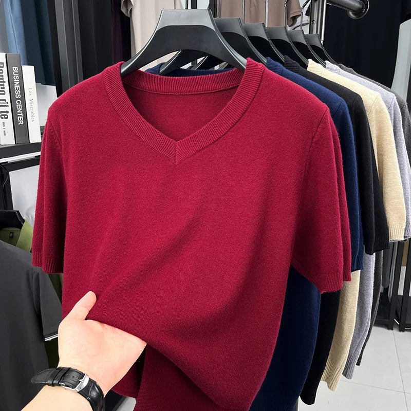 Mens V Neck Short Sleeve Wool Knit Pullover Soft Thin Knitwear For Business Office Daily Casual Spring Summer Basic Tops