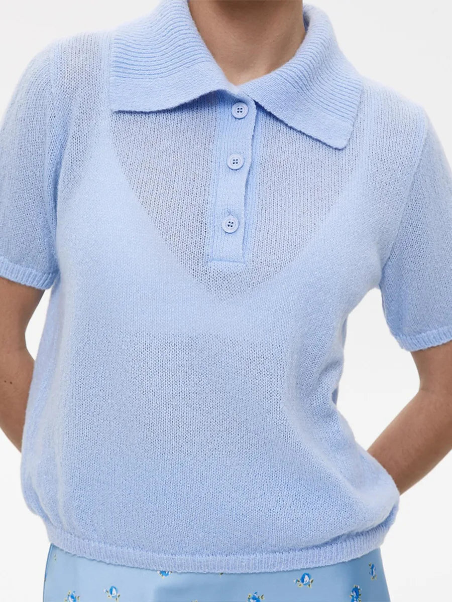 Bronladies Women's Polo Hollow Knitted Short Sleeved Sweater Spring Summer Bubble Sleeve T-shirt Female Simple Knitted Sweater