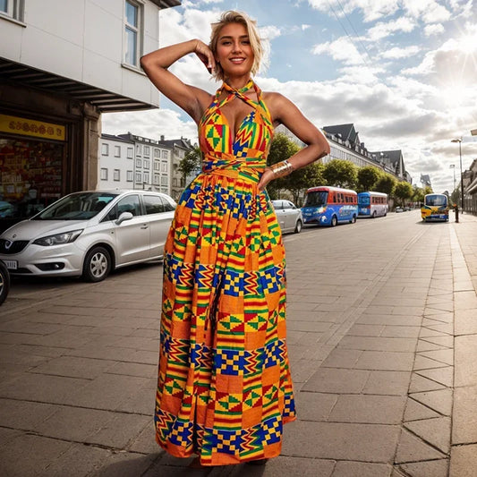 African National Sexy Sleeveless Women Dress Fashion Off Back Print Lady Party Dresses Vintage Casual Long Dress Africa Clothing