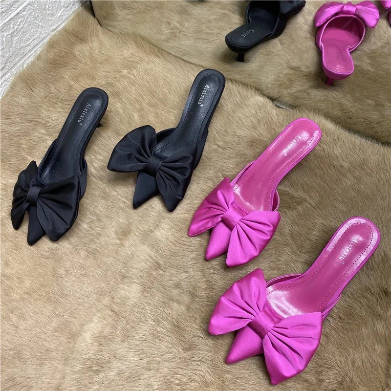 2024 Spring Pointed Toe Stiletto Heel Kitten Heels Bow Heel-Free Slippers for Women
