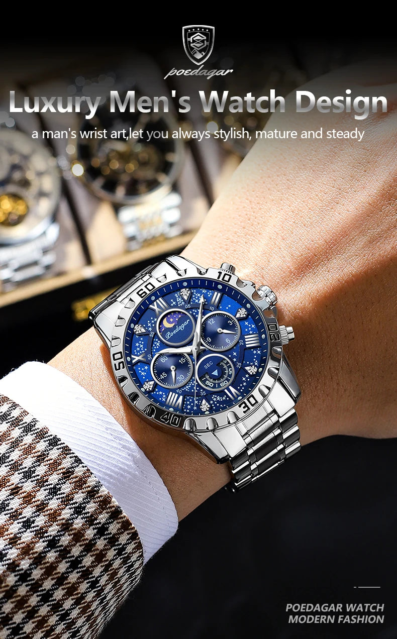 POEDAGAR Trendy Men Watch Chronograph Waterproof Luminous Stainless Steel Man Wristwatch Luxury Business Quartz Watches For Men