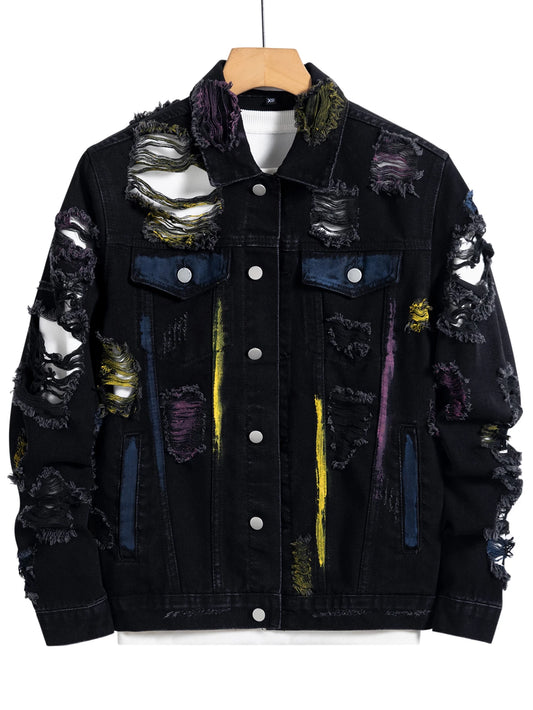 Men's black ripped denim jacket for spring and autumn. Random paint splashing.