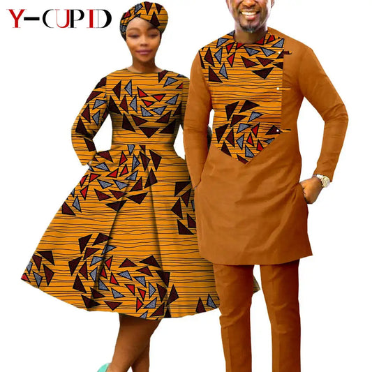 African Print Dresses for Women with Headwrap Matching Couple Outfits Dashiki Men Long Sleeve Pathwork Top and Pant Sets Y23C004