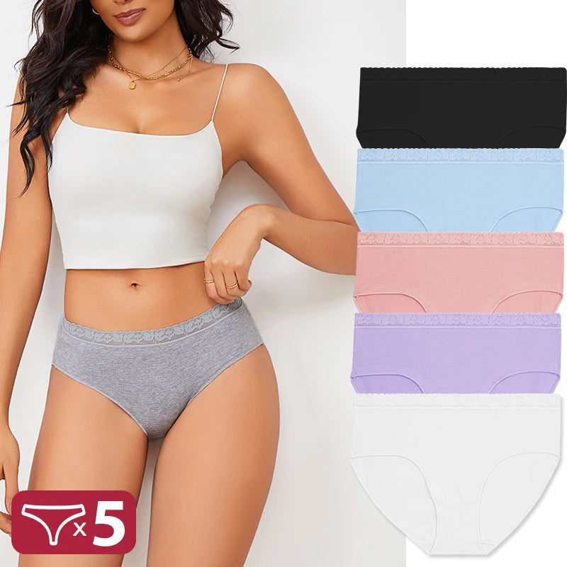FINETOO 5PCS/Set Women Cotton Panties Sexy Low Waist Briefs Lace Cotton Female Comfortable Underwear Solid Color Soft Lingerie