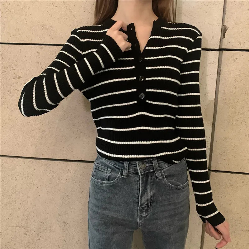 ITOOLIN Women Stripes O-neck Buttoned Up Sweaters Long Sleeve Knitted Sweater Slim Women Jumpers Tops Autumn Winter One Size