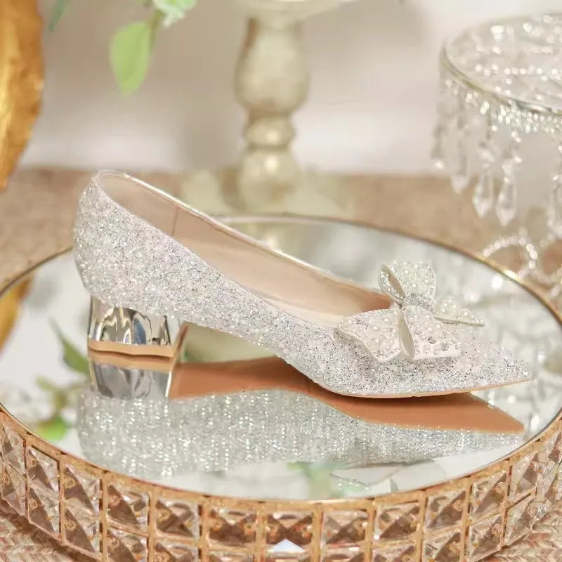 2024 New Autumn Brand Designer High Heels Luxury Pearl Crystal Bowtie White Wedding Shoes Women Pumps Thin Heeled Party Shoes