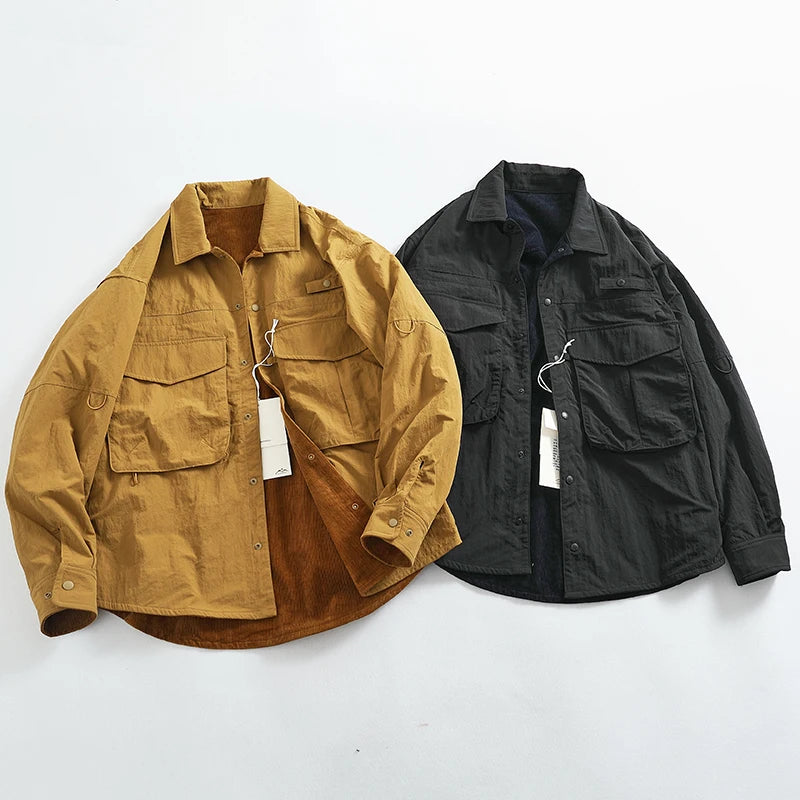 Reversible A+B fabric outdoor functional cargo jacket men's loose pocket lapel retro American casual jacket