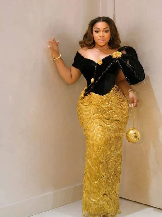 Luxury African Evening Dresses For Women Black Gold Velvet Mermaid Long Formal Party Gown Aso Ebi Wedding Prom Dress Customized