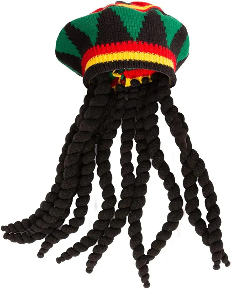Unisex Synthetic Wig Knit Braid Hat Jamaican Bob Rasta Beanie Cap Dreadlocks Wig Bob Marley Caribbean Hip Hop Cosplay Headwear