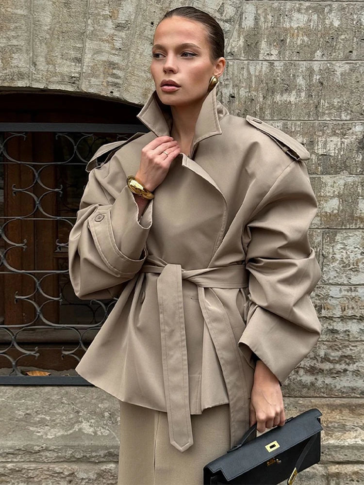 Lace Up Cropped Trench Coat Fashion Women Lapel Long Sleeves Wide Shoulder Windbreaker Jacket Lady 2026 Spring Commuting Outwear