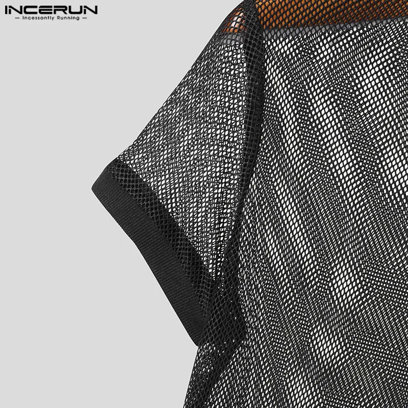INCERUN Summer T-Shirts Short Sleeve Mesh Tee See Through Hollow Out Tops Tee Men's Clothing Sexy Streetwear Oversize Tops