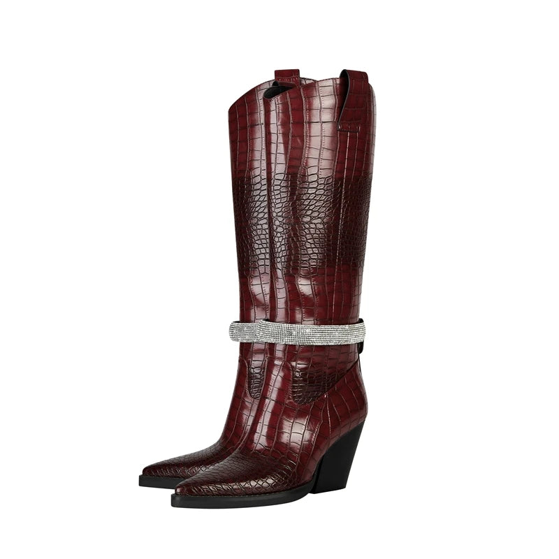 Kaky's New Water Diamond Pointed Thick High Heels Oversized Women's Boots Long Boots High Barrel Boots Western Boots 44 45 46