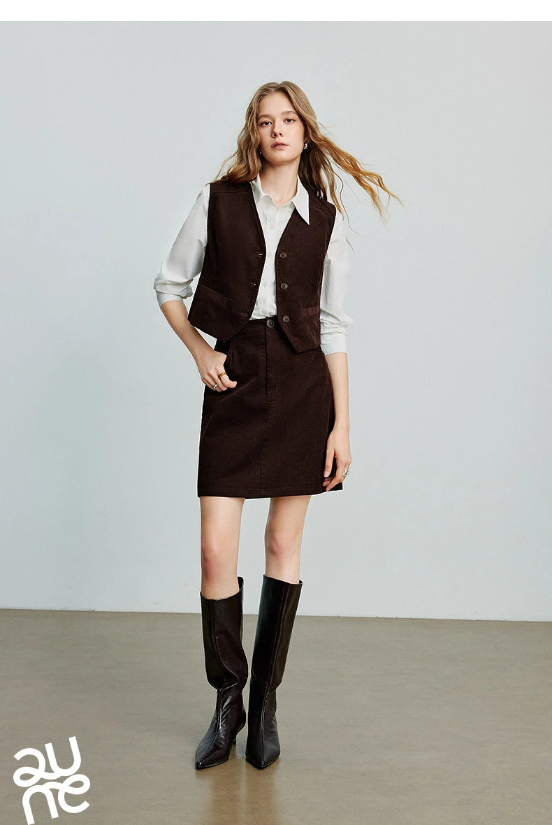 TOYOUTH Women Midi Skirt 2025 Autumn New Retro Corduroy Elastic Waist Pure Cotton A Line Mini Skirt