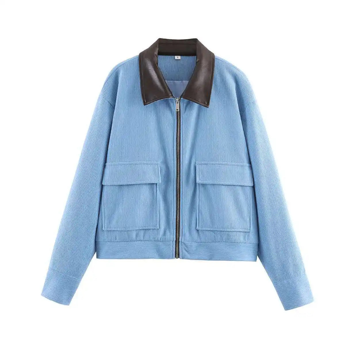 Women Pu Leather Collar Pink Cropped Jacket Corduroy Fashion Long Sleeve Zipper Coat 2026 New Lady Spring Chic Street Outwear
