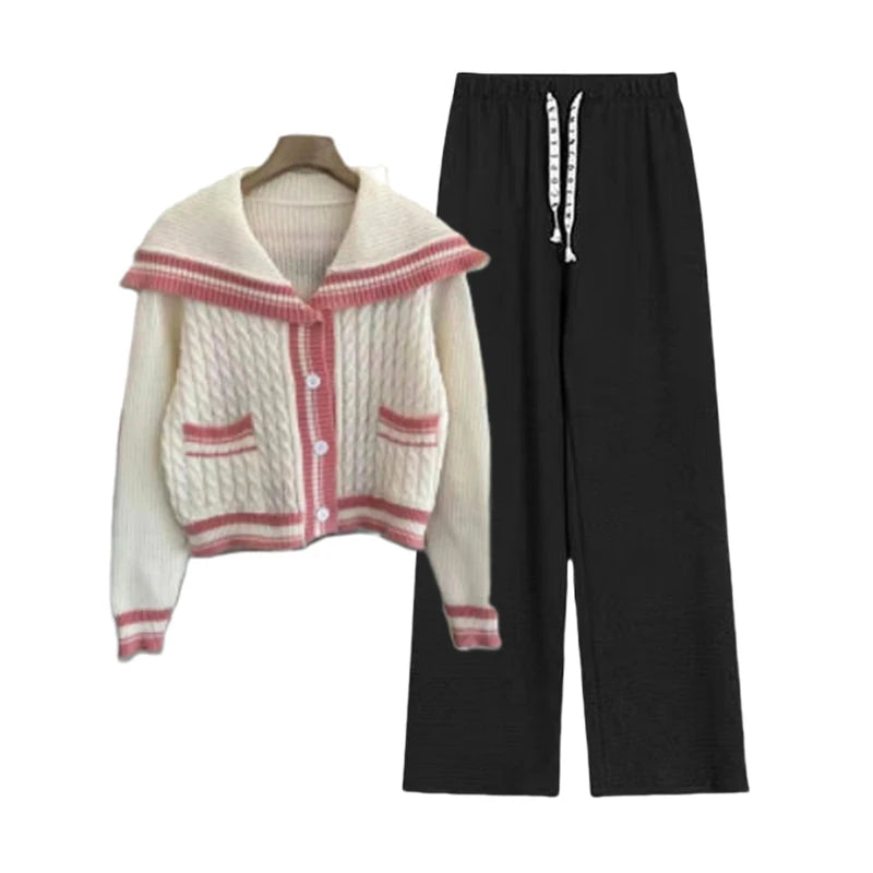 Knitted Spring Preppy Style Sailor Neck Women's Knitted Cardigan Elastic Wide Leg Pants Long Sleeve Korean Sportswear Set