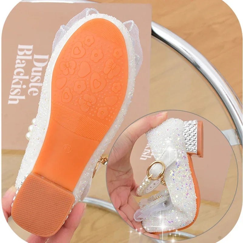 Girls' Shoes High Heels for Kids Elegant Girl Shoes Party Sequin Child Girl Heel Shoe Church First Communion White Princess Shoe