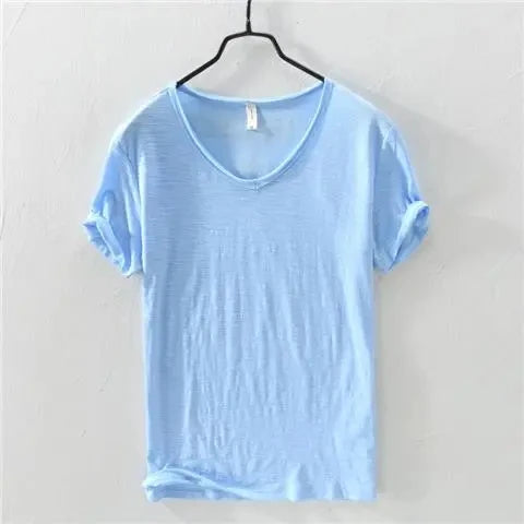 2023 Summer New 100% Cotton White T-shirt Male V-neck Solid Color Casual T Shirt Basic Tees Plus Size 3XL Short Sleeve Tops