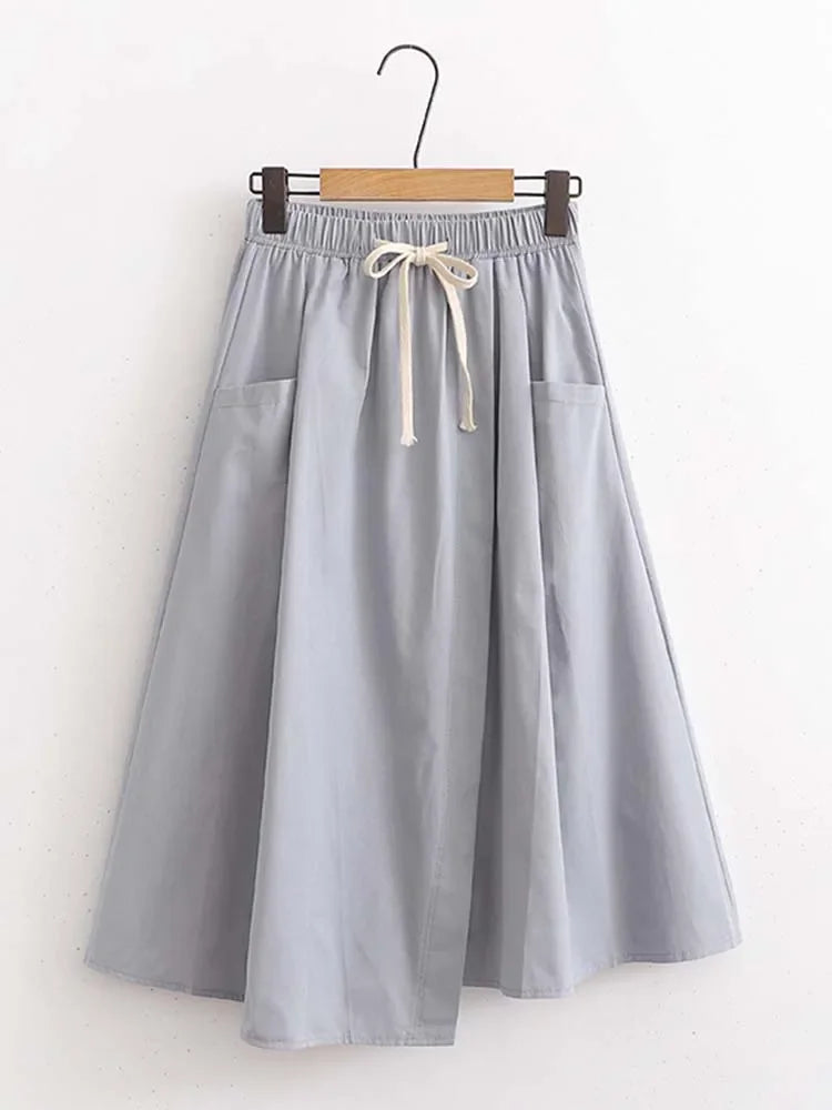 Elegant Vintage Women Skirt Summer Korean Style Solid Elastic High Waist Midi Long Skirt With Belt Female Office Ladies Wear