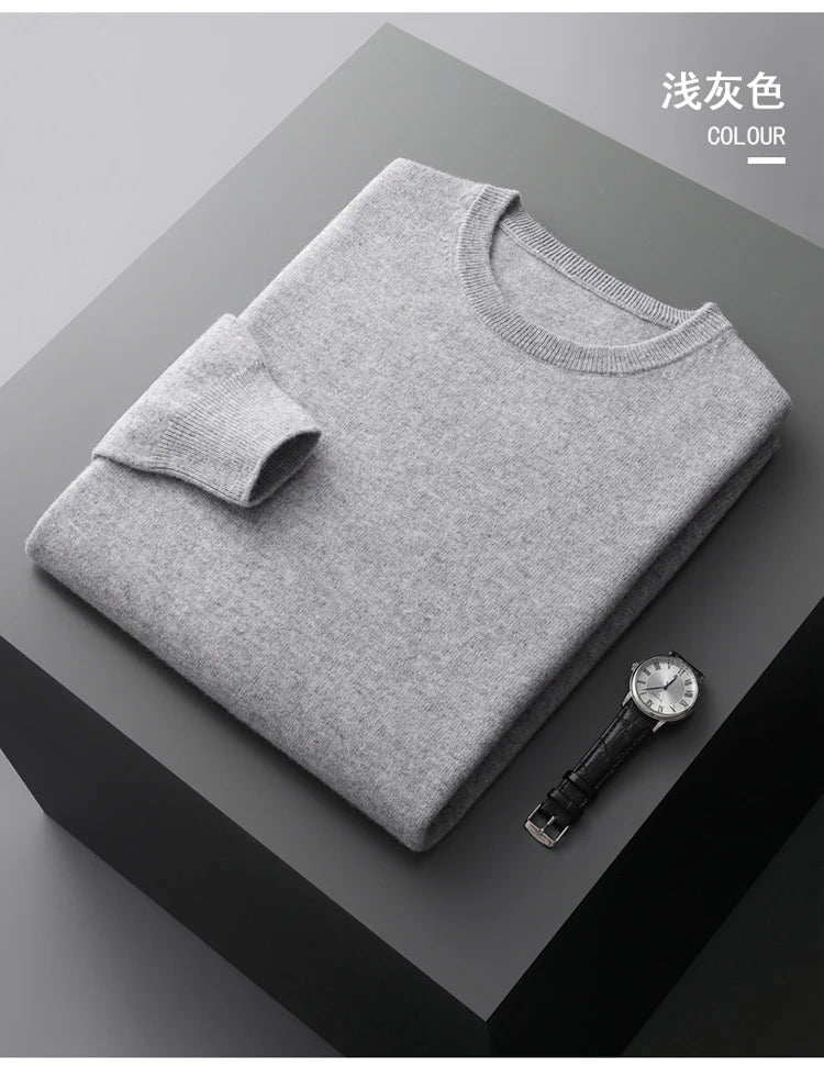 100% Merino Wool Sweater Men's O Neck Pullover Tops One-piece ready-to-wear Autumn Winter Solid Color Sweater Versatile Basic