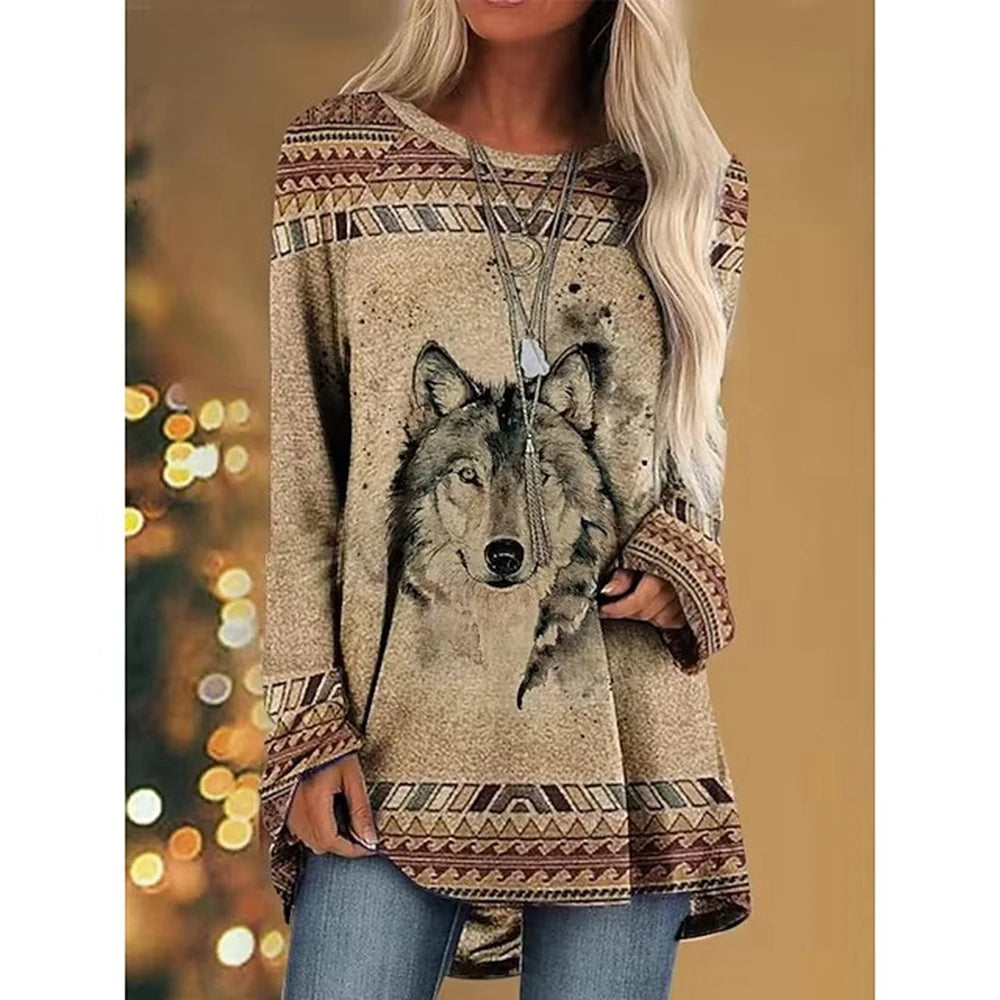 Women's T Shirt Wolf 3d Print T-shirt Women Fashion Animal T-shirts Casual Long Sleeve Tops Tees Vintage Tshirt Loose Tees Owl