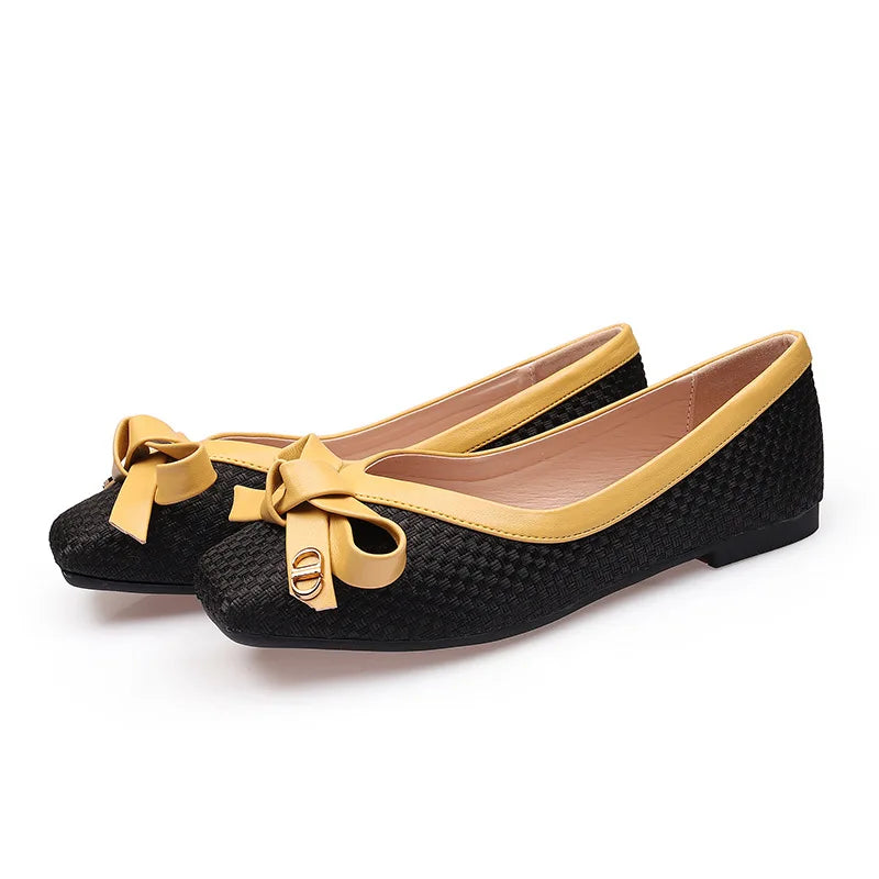 Women's Shoes 2025 New Woven Bow Square Toe Women's Ballet Flats Female Soft Sole Large Fashion Women's Shoes Chaussure Femme