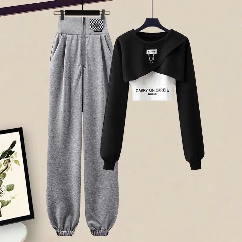 Korean Elegant Sportswear Suit Women's Spring Autumn Fashion Short Sweater+Suspenders+Pants Three Piece Female Tracksuit Set