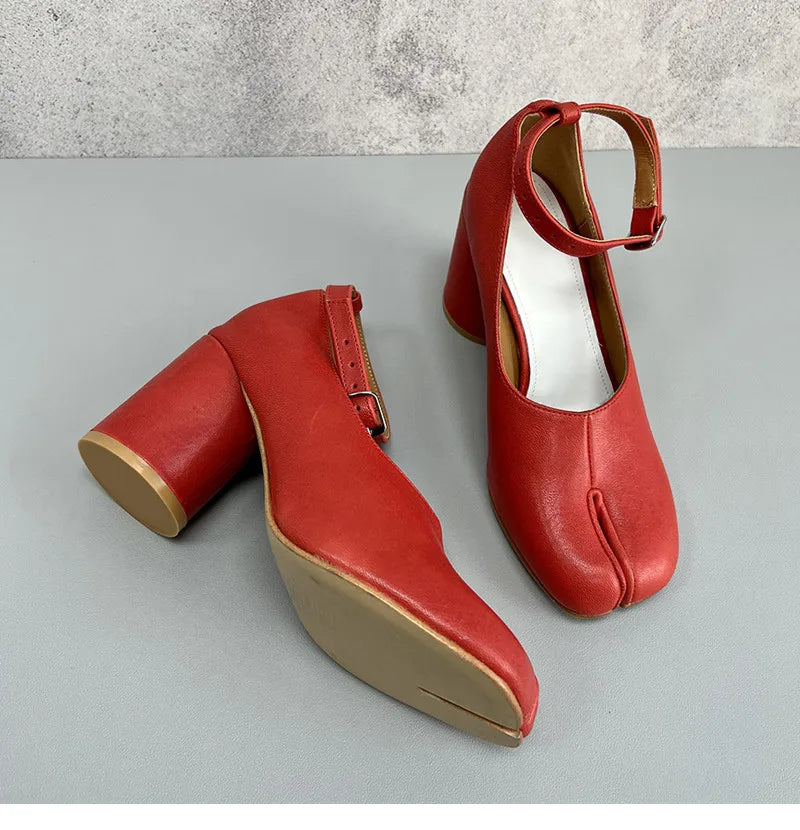 Ins style Vintage Soft Leather Split Toe Tabi Women Pumps Fashion Ankle Strap Thick High heels Spring Autumn Casual Chunky Shoes