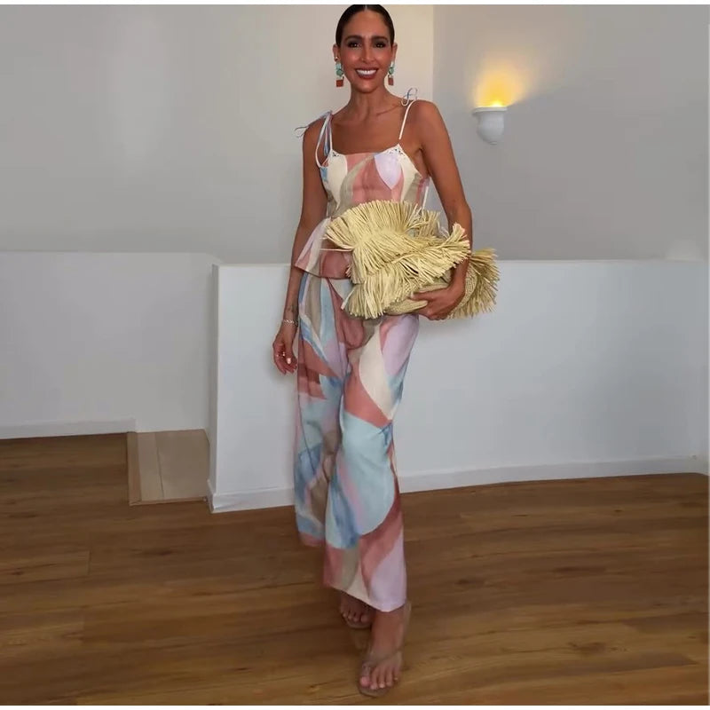 Pastel Print Cami Top Wide Leg Pants Set Ruffle Hem Sleeveless 2026 Summer Vacation Women Co-ord Set Chic Causal Lady Outfit