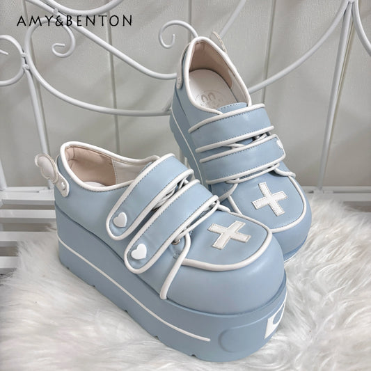 Original Japanese Cute Cross Print Thick-soled Muffin Shoes Subculture Sweet Cool Girl Round Head Pu Leather High Heels Women
