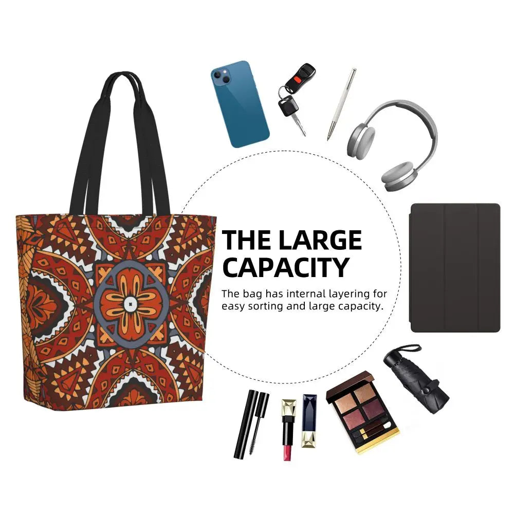 African Ankara Prints Grocery Shopping Tote Bags Women Geometric Ethnic Art Canvas Shoulder Shopper Bags Big Capacity Handbag