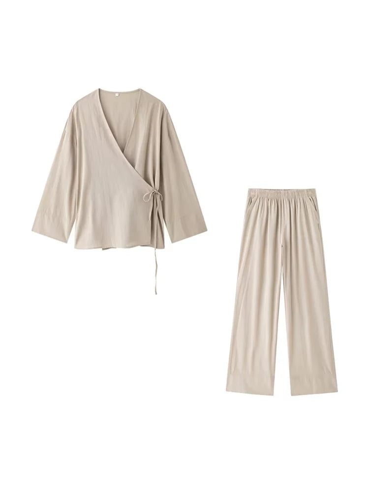 Women Fashion With Tied Loose Kimono Blouses And High Elastic Waist Side Pockets Pants Female Two Piece Sets Mujer BAZAARHUBO