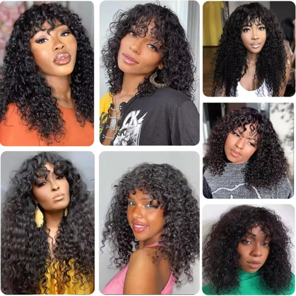 Water Wave Brazilian Human Hair Wig With Bangs Wear And Go Full Machine Made Wigs for Black Women Deep Wave Curly Wigs Glueless